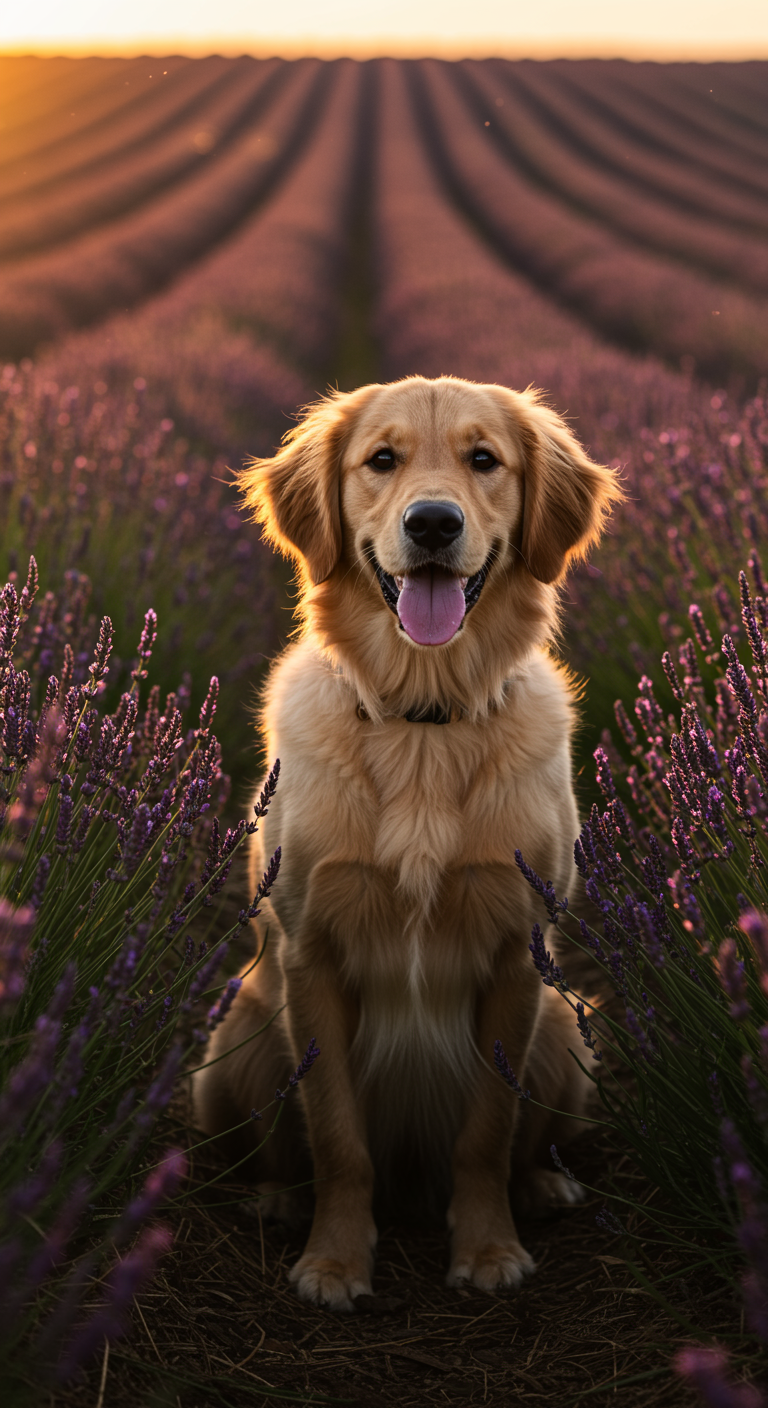 A golden retriever puppy sitting in a field of lavender... - AI ...